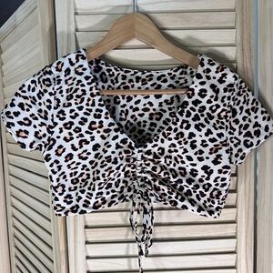 Zaful Leopard Print Ruched Blouse - Black and Brown
